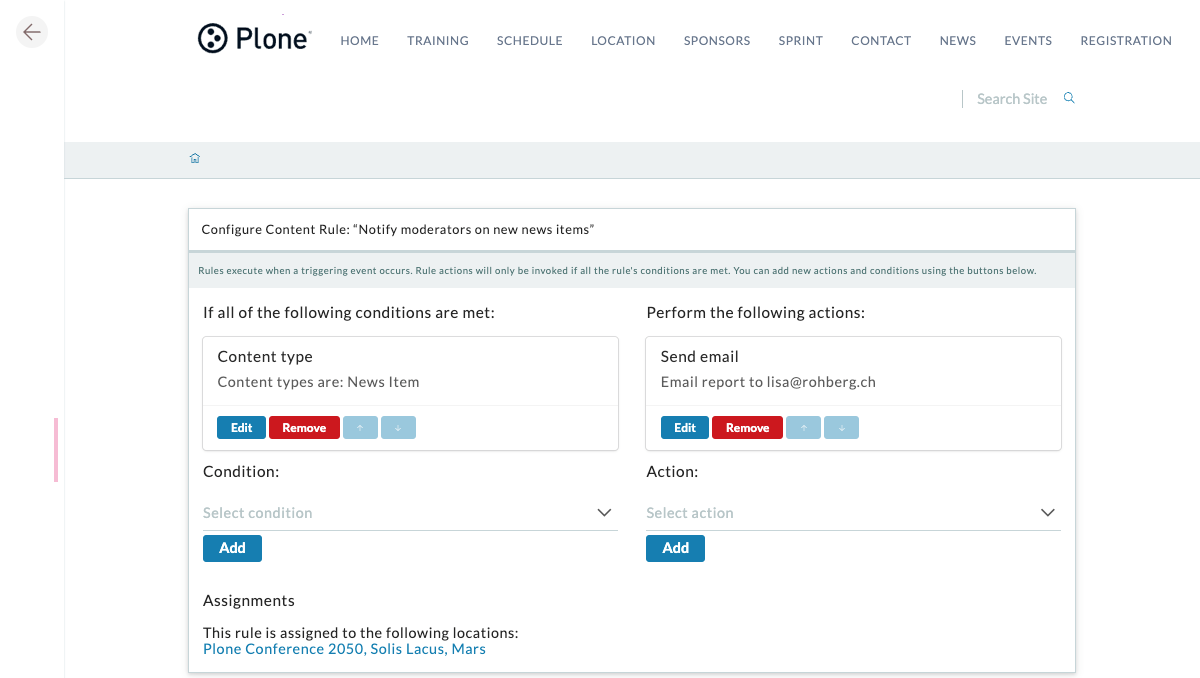 Configure the content rule with conditions and actions.