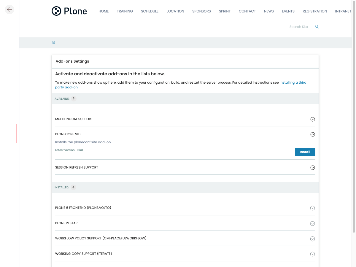 Plone `Add-ons` control panel, showing available configuration options